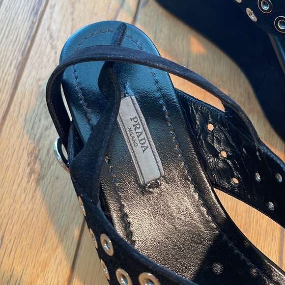 PRADA PLATFORMS Black Suede Silver Eyelet Hardware Open Toe Strap On EU 40 US 9 - Picture 4 of 10